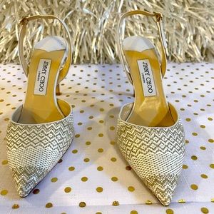 Used Jimmy Choo Tilly White and Marble Color Slingback Pumps - 85mm